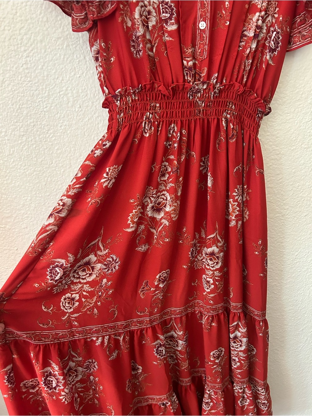 Max Studio Red Floral Maxi Dress with Ruffle Sleeves - Picture 2 of 5